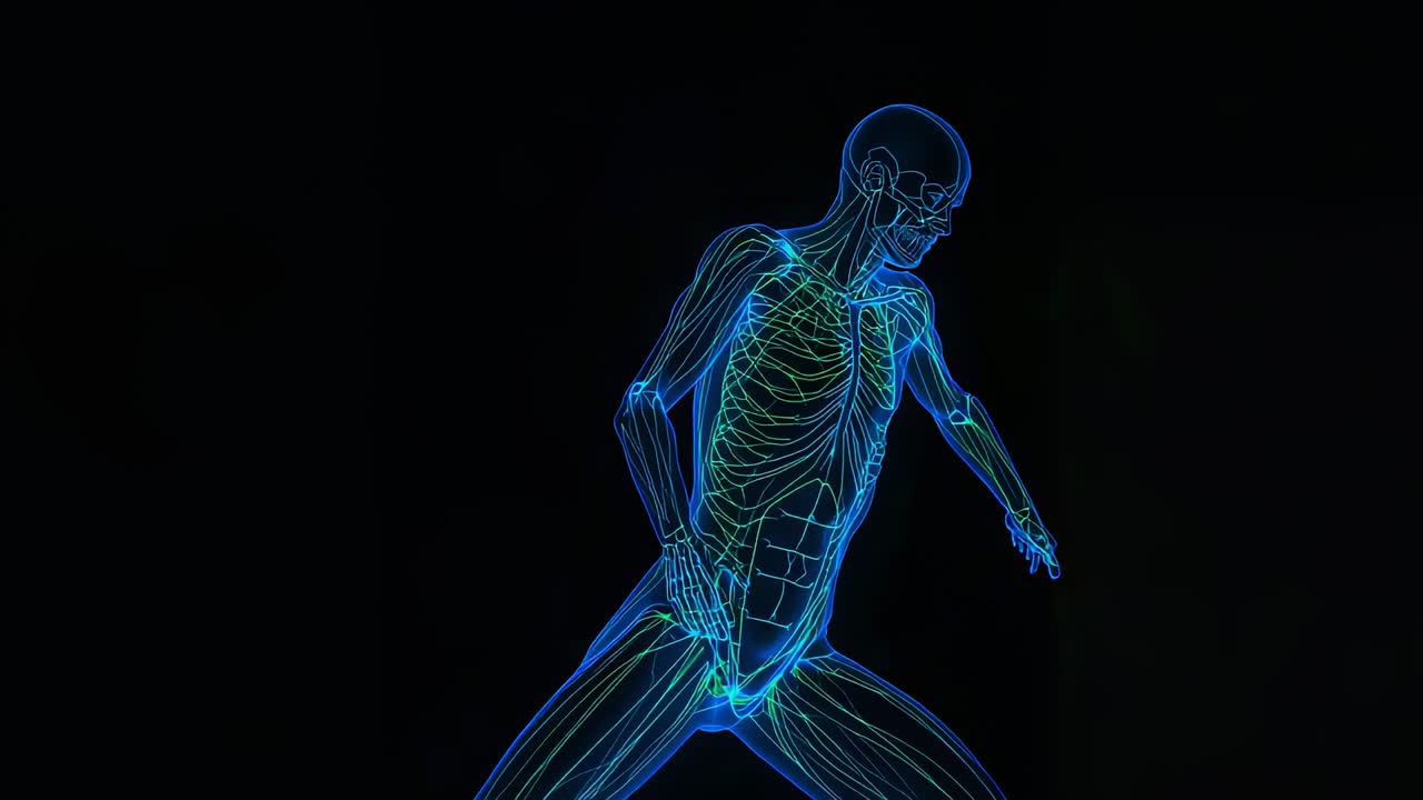 Animating neon anatomy model walking and turning in studio showing skull ribcage and green pathways