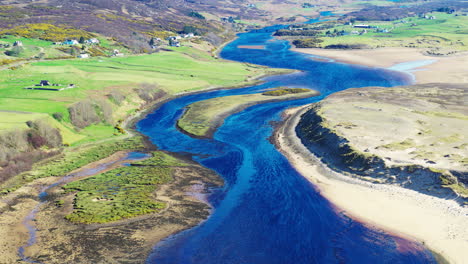 Toma-Aérea-De-Un-Hermoso-Río-En-Las-Tierras-Altas-De-Escocia-En-Un-Impresionante-Día-De-Verano