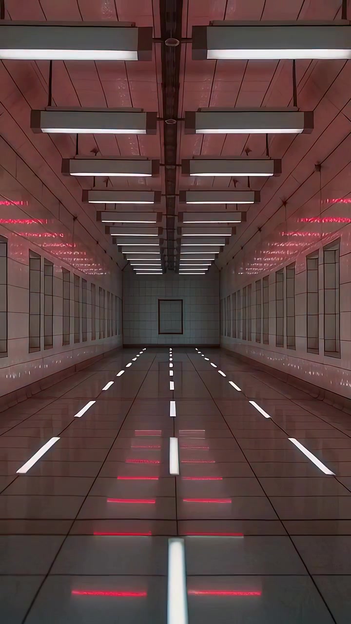 Video verticale: luci a timer che proiettano bagliori color ottanio e magenta in un corridoio su piastrelle lucide