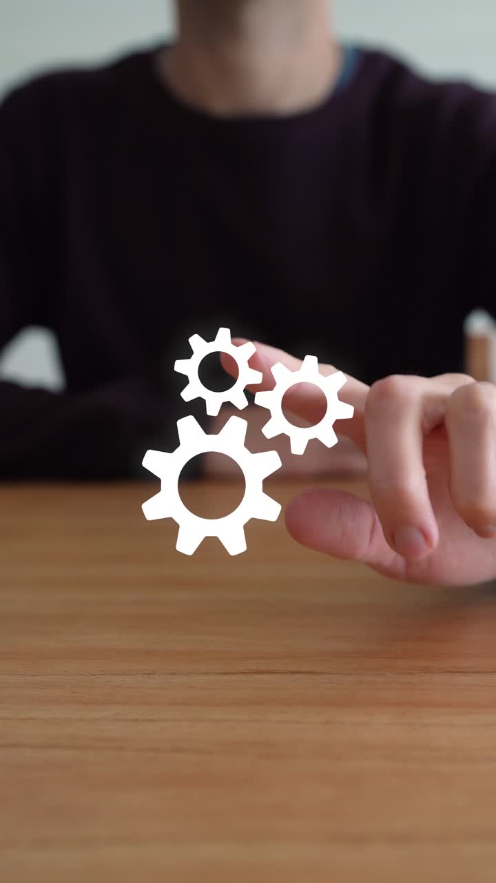 Vertical View Of A Man Selecting Computer Custom Configuration Icon On Touch Screen Panel. Selective Focus Shot