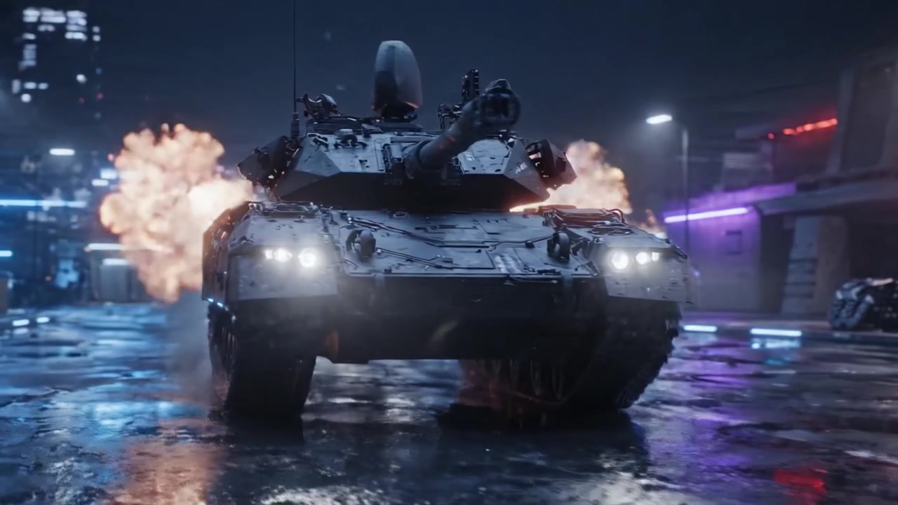 Un carro armato futuristico in un ambiente urbano illuminato al neon: esplorazione di veicoli militari avanzati tra illuminazione atmosferica e riflessi su strade bagnate.