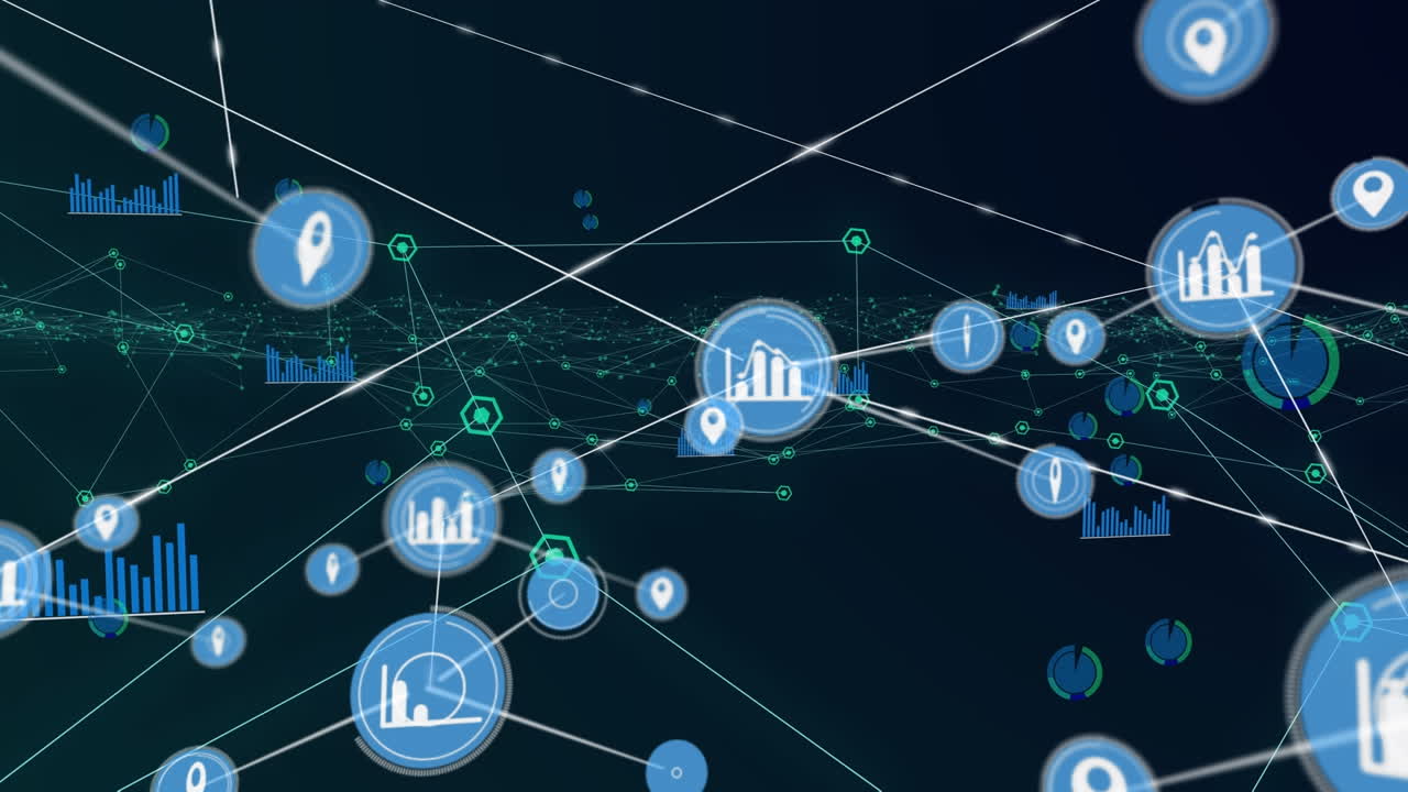 Animation of network of connections with icons over black background