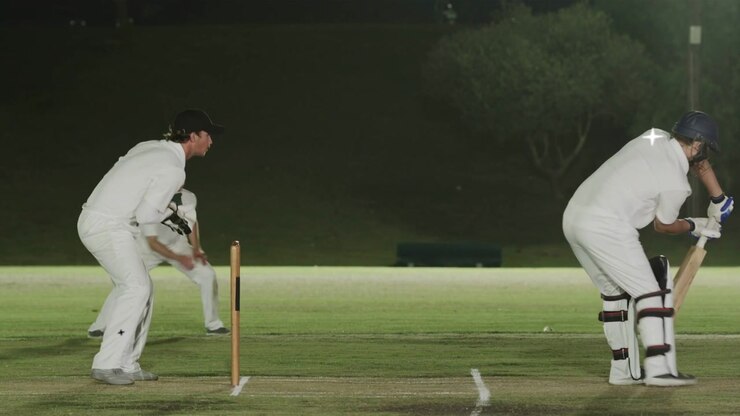 Giocatore di cricket (bowler) che corre e lancia la palla, battitore che difende il wicket mentre grafici turchesi segnano la palla