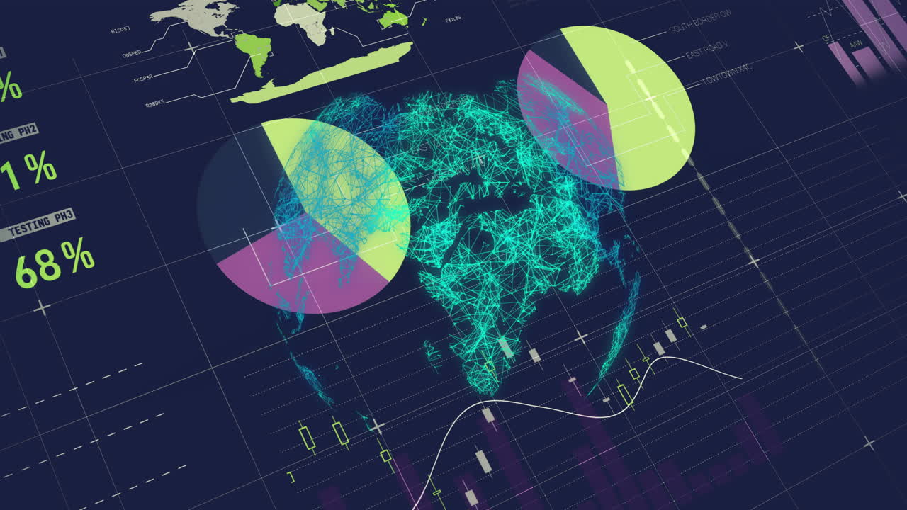 3D wireframe globe rotating at center, showing lime green, purple pie chart overlay and widgets