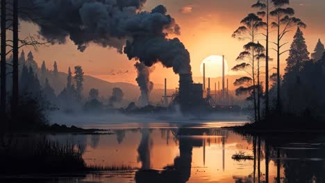 a factory with smoke coming out of the chimneys in the middle of a lake