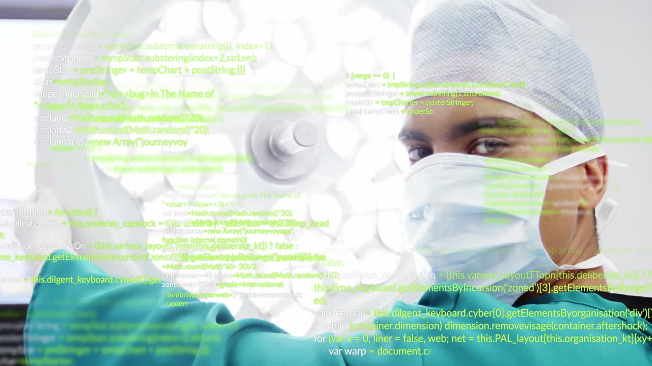 Animation of data processing over biracial male surgeon in operating room