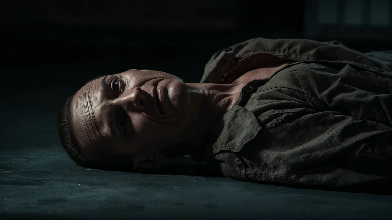 Lying middle-aged man in olive shirt on concrete floor in dim basement under low light, fatigued