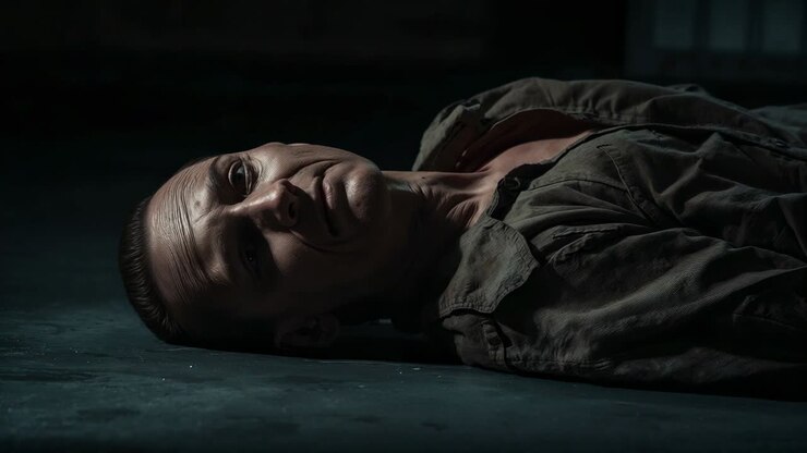 Lying middle-aged man in olive shirt on concrete floor in dim basement under low light, fatigued