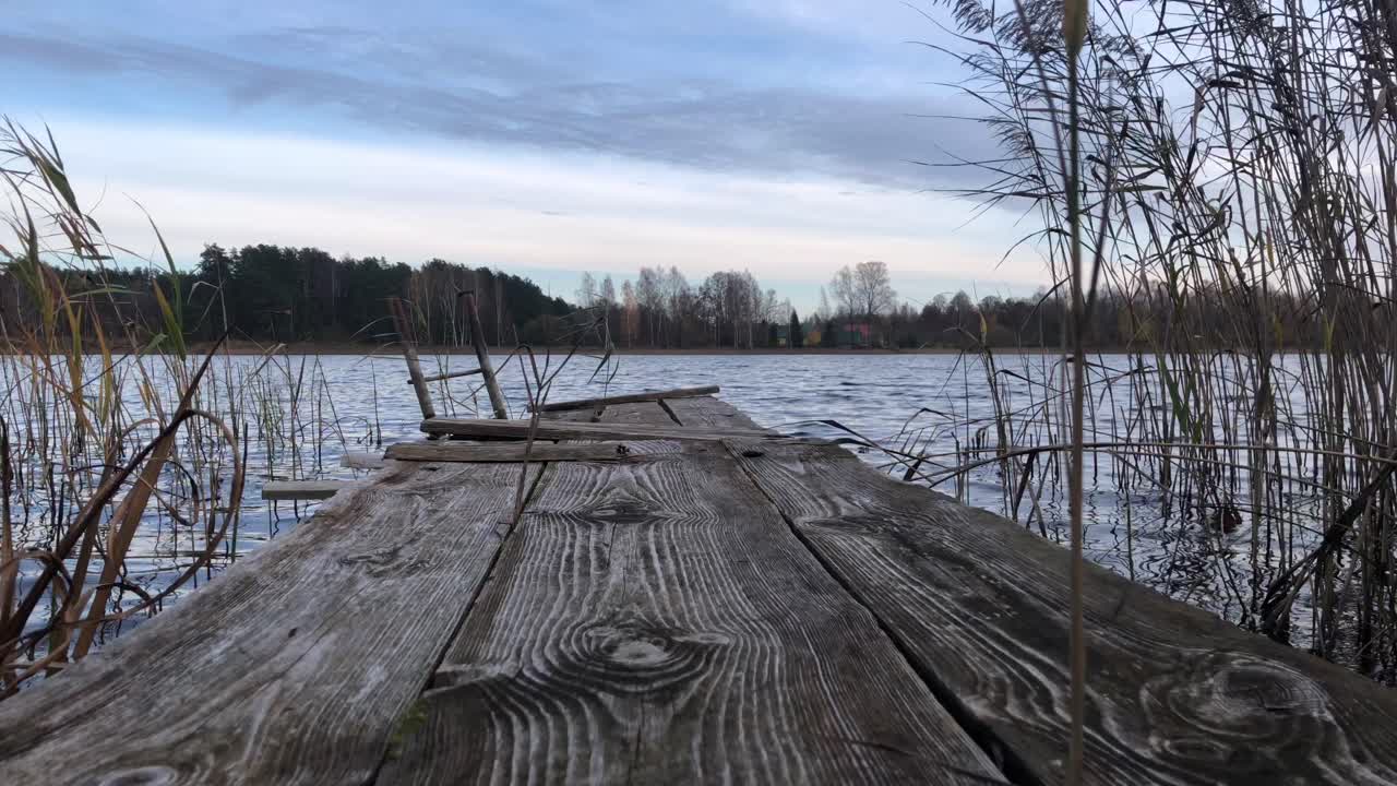 Oude houten loopbrug in het meer, tegen de achtergrond van de blauwe lucht en weelderig groen eromheen.