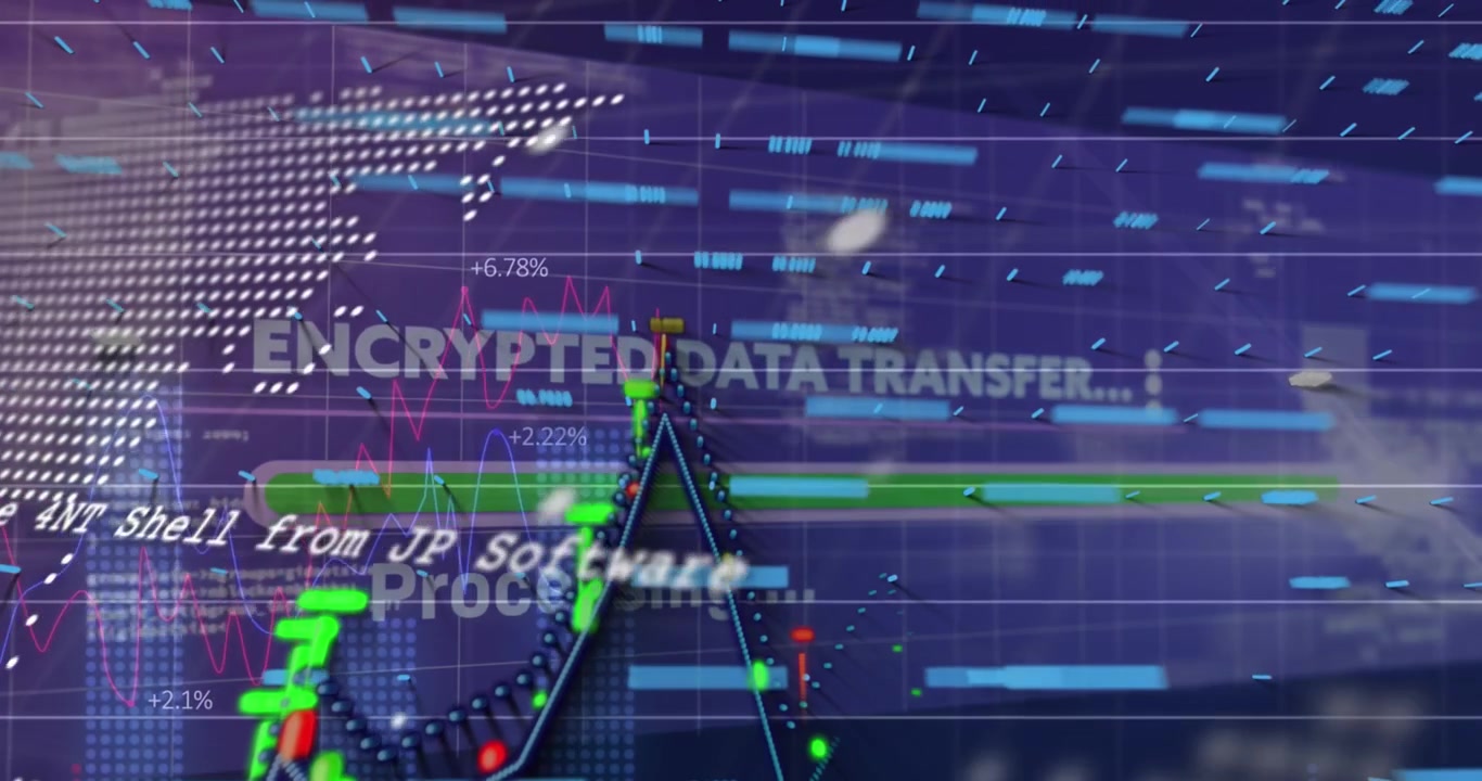 Animation of data processing over world map on black background