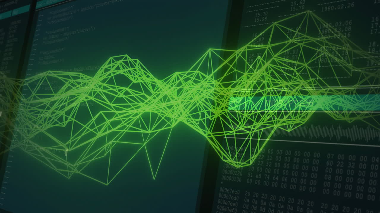 Green geometric wireframe animation over digital data on dark background