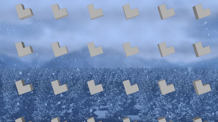 Animation of rows of abstract shapes pattern and christmas snow falling over winter scenery
