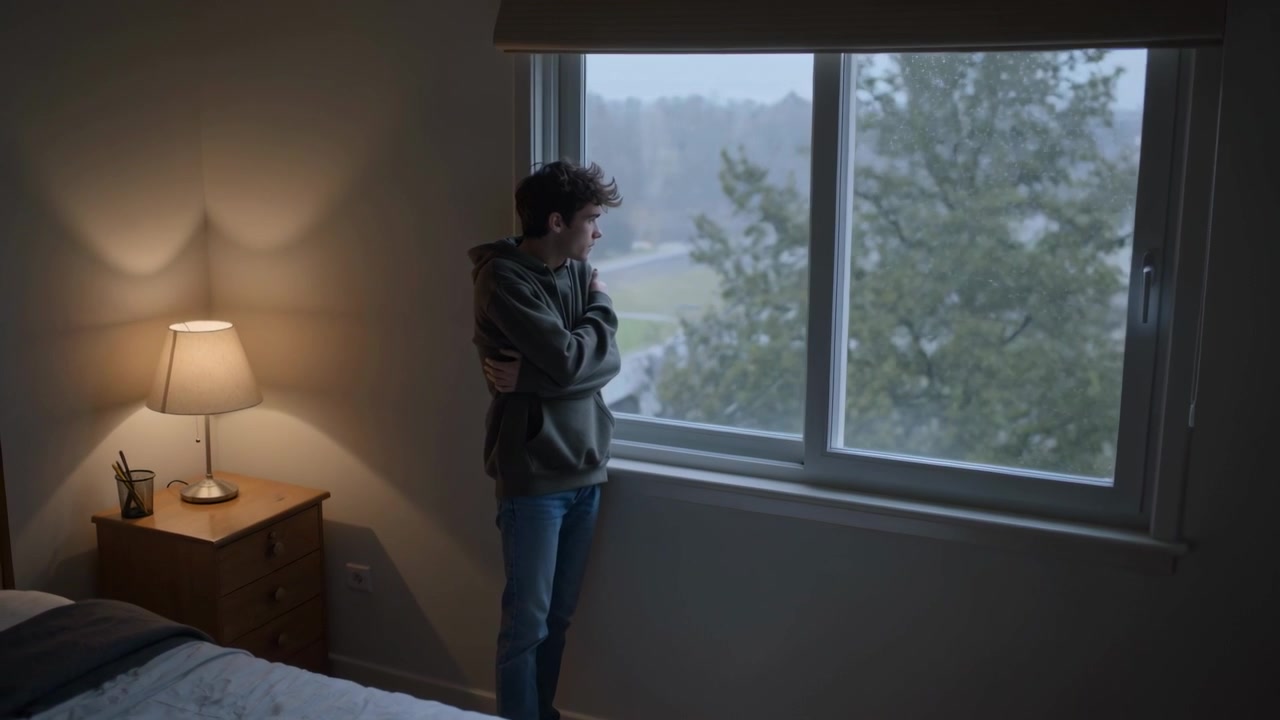 Adolescente con sudadera con capucha y vaqueros observando la carretera desde la ventana de su dormitorio, bajo un cielo gris, con una lámpara y espacio para texto.