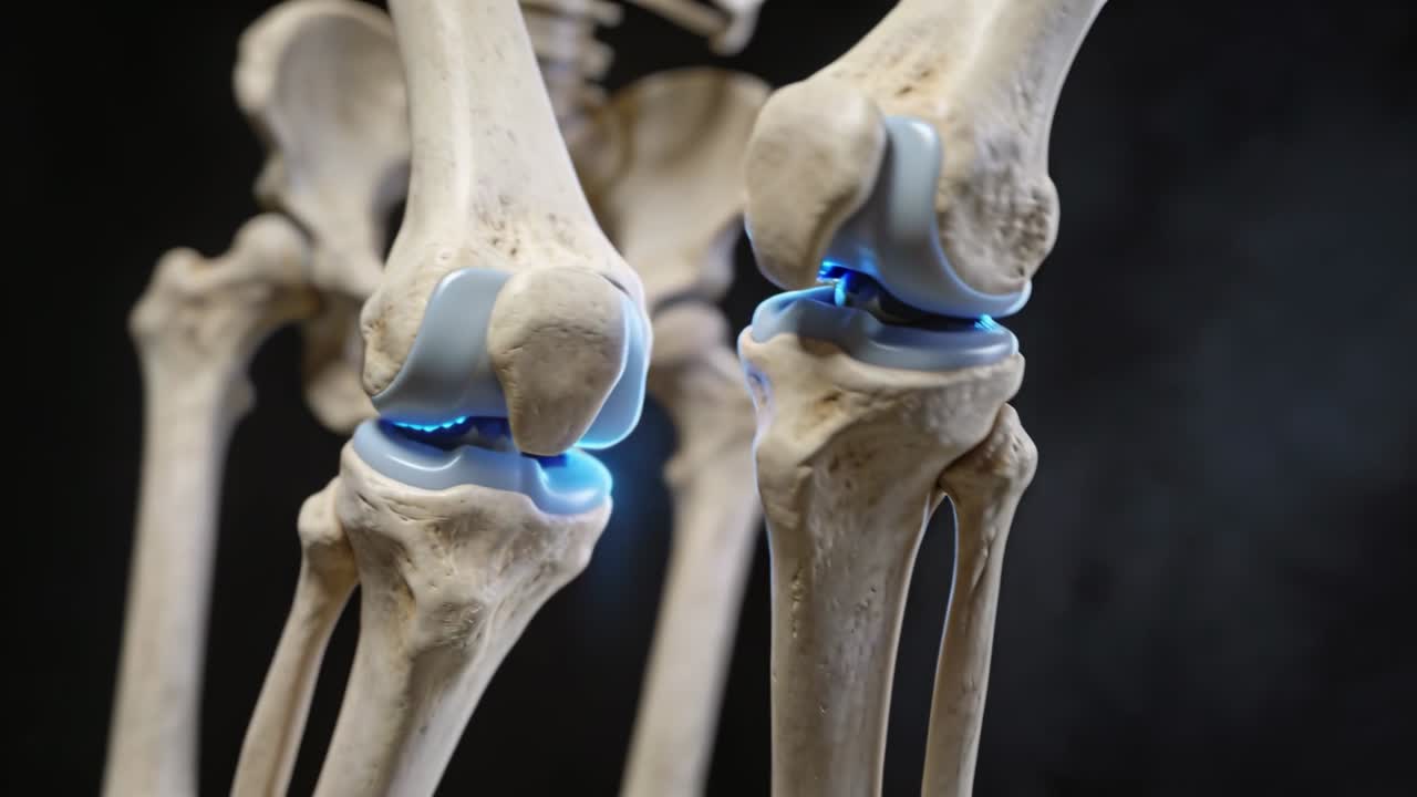 Rotating camera revealing paired knee joint models in studio, highlighting blue cartilage contours