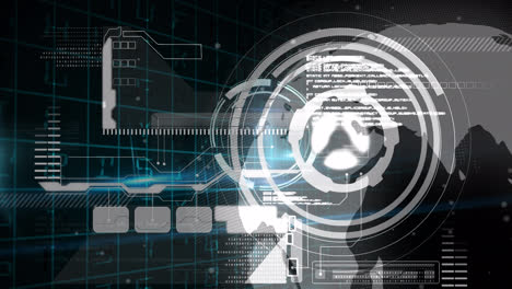 Animation-Des-Scope-Scannens-Und-Der-Datenverarbeitung-über-Dem-Globus-Auf-Schwarzem-Hintergrund