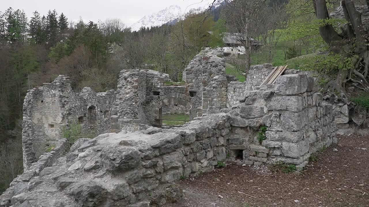 Ancient ruins near Innsbruck. Ruined site, old castle in the mountains.
