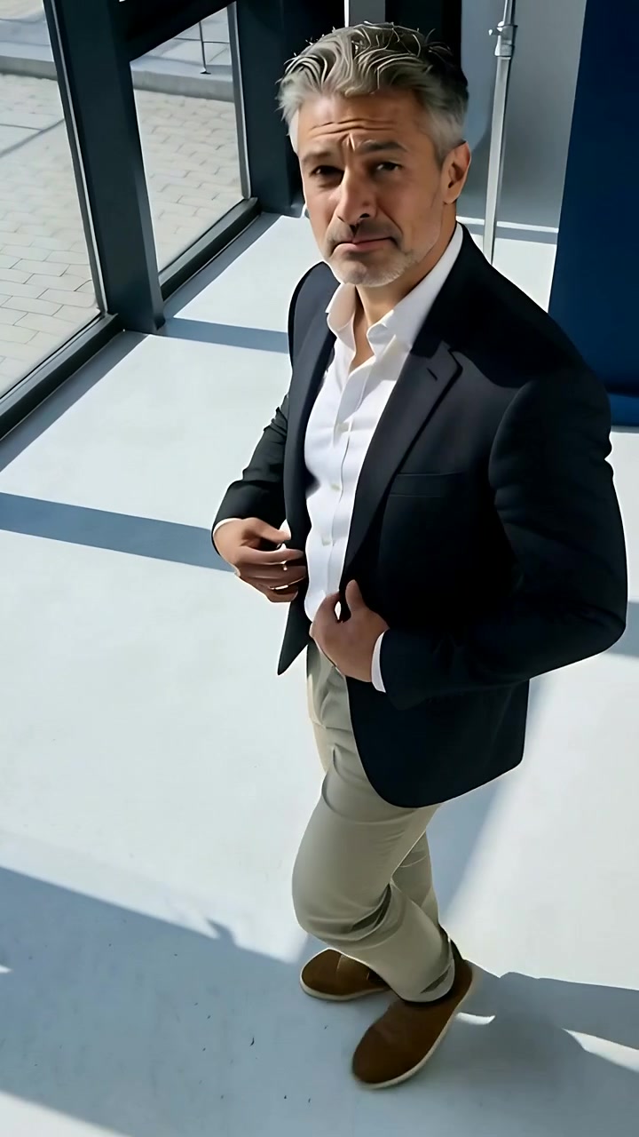 Video verticale: Uomo sorridente che si allunga camminando sul set, aggiustandosi il blazer e posando guardando in alto vicino a un C-stand