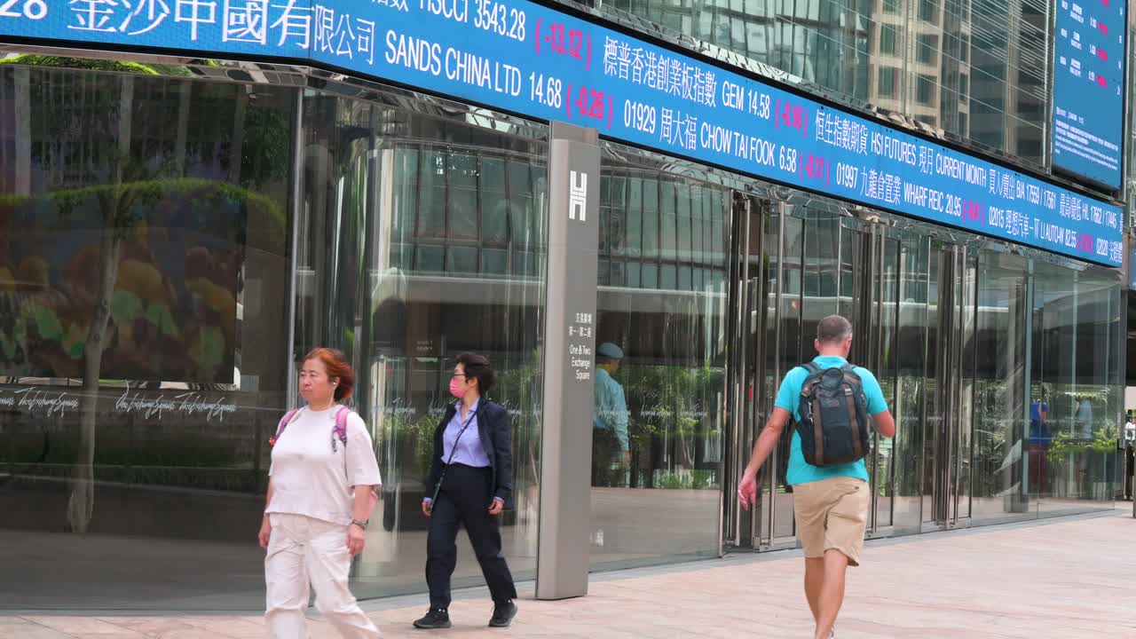 Hong Kong Stock Exchange: People Walking Past Stock Ticker