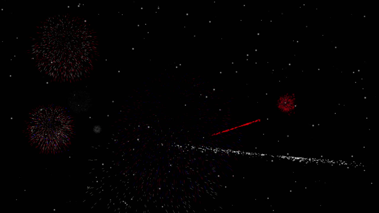 exhibición de fuegos artificiales superposición de fondo, cuarto de julio, víspera de año nuevo con muchos fuegos artificiales de rojo, blanco y azul en fondo estrellado