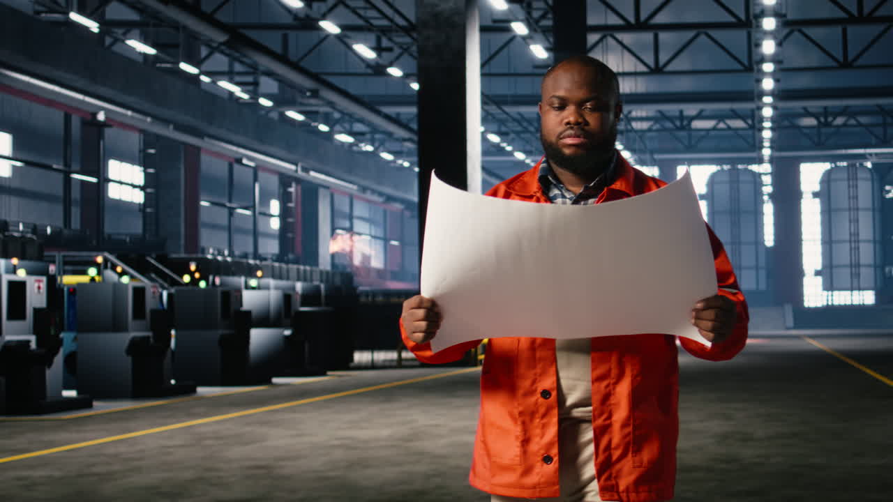 Dipendente che cammina in uno stabilimento con progetti di produzione di acciaio nell'industria pesante