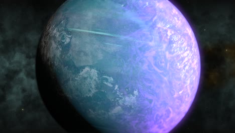 Close-up-journey-towards-unexplored-rotating-super-earth-like-exoplanet-in-distant-space,-CGI,-universe