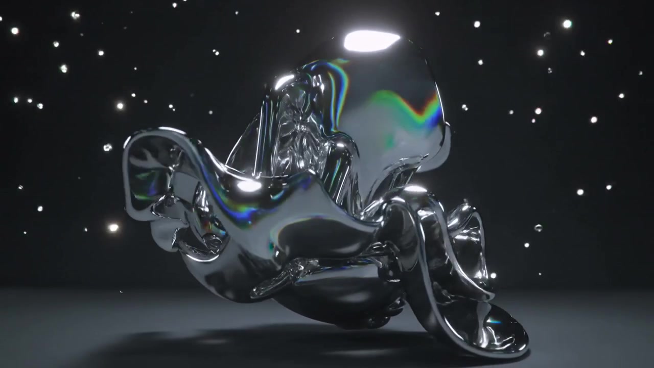 Camera widening, chrome sculpture rotating, rippling and settling on matte floor with star lights