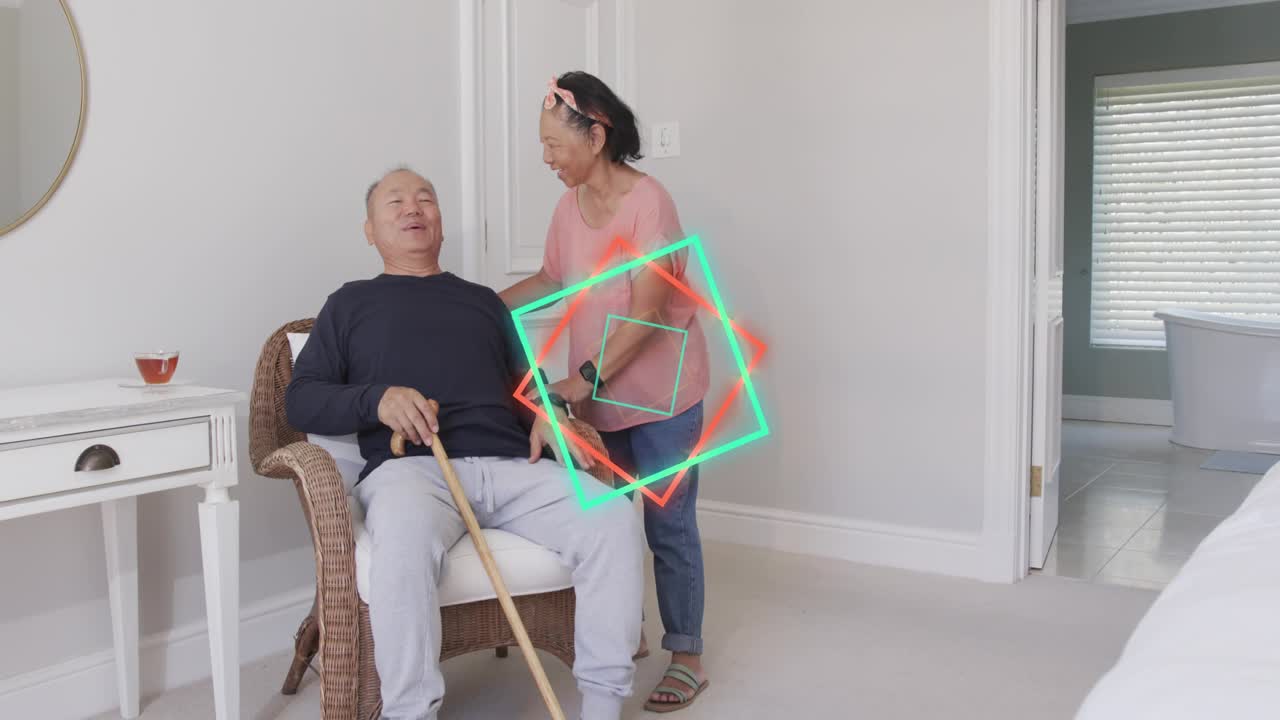 Health carer linking arm, nudging man stepping with cane, helping him sit, neon overlay hiding them