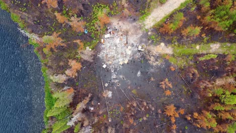 aerial overhead view of a home destroyed by wildfire