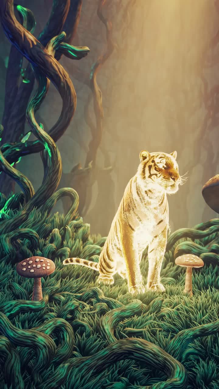 A glowing tiger in a mystical forest with mushrooms, captured from a low angle