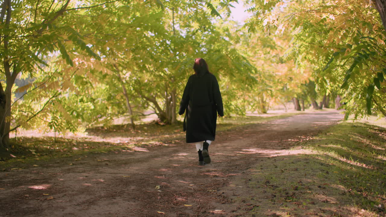 Back view of playful woman strolling majestically through arboretum path, black coat and boots, slow steps over shaded ground, pauses to look around thoughtfully under green yellow leaves