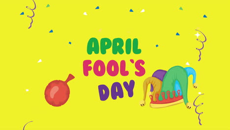 happy fools day card with joker hat and flatulence bag