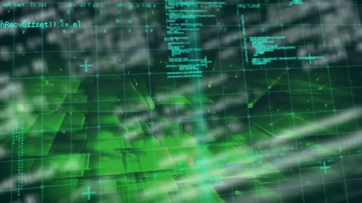 Digital animation of data processing over grid network against green background