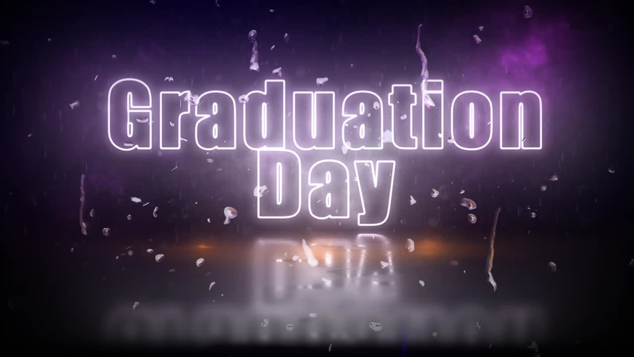 "Graduation Day" neon lights sign revealed through a storm with flickering lights