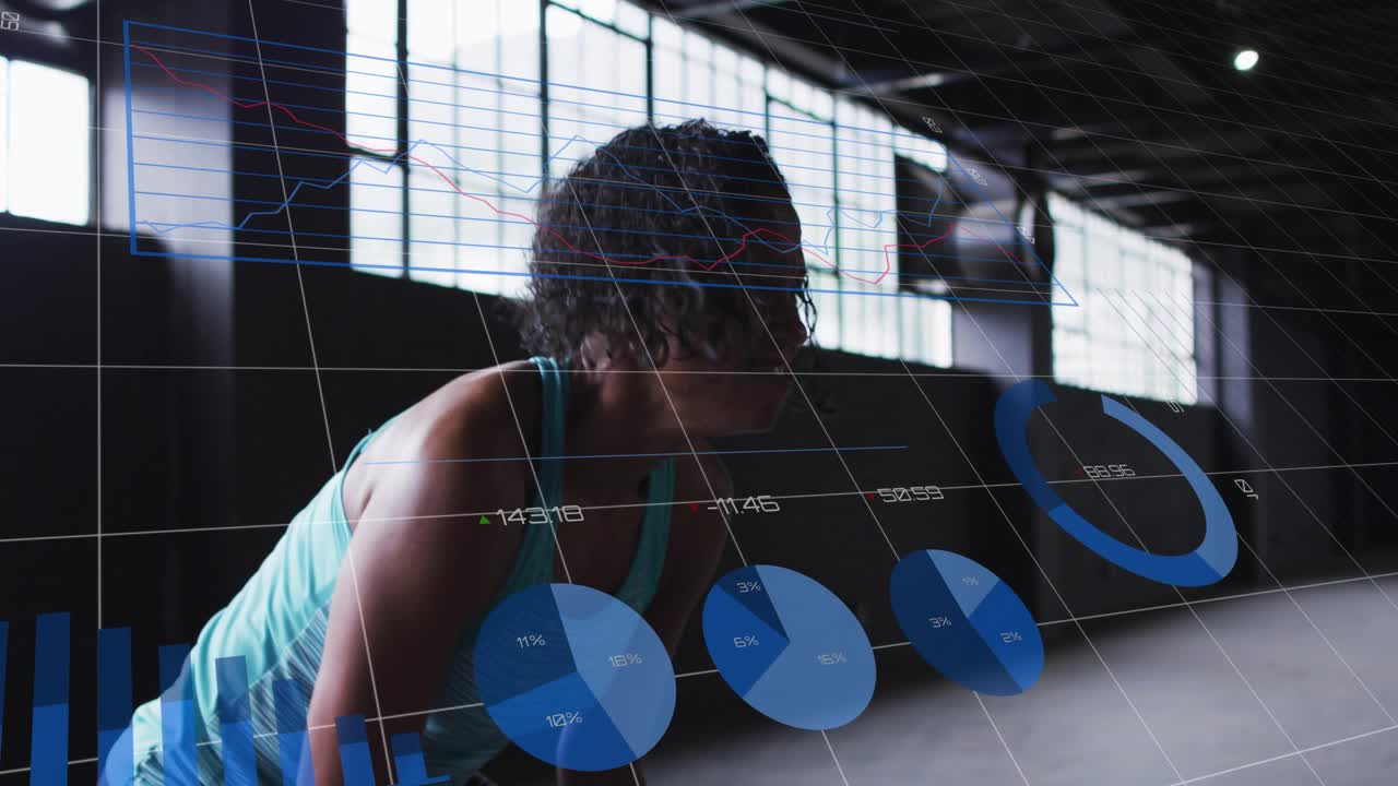 Woman leaning gripping battle ropes, alternating slams while blue charts tracking fitness metrics