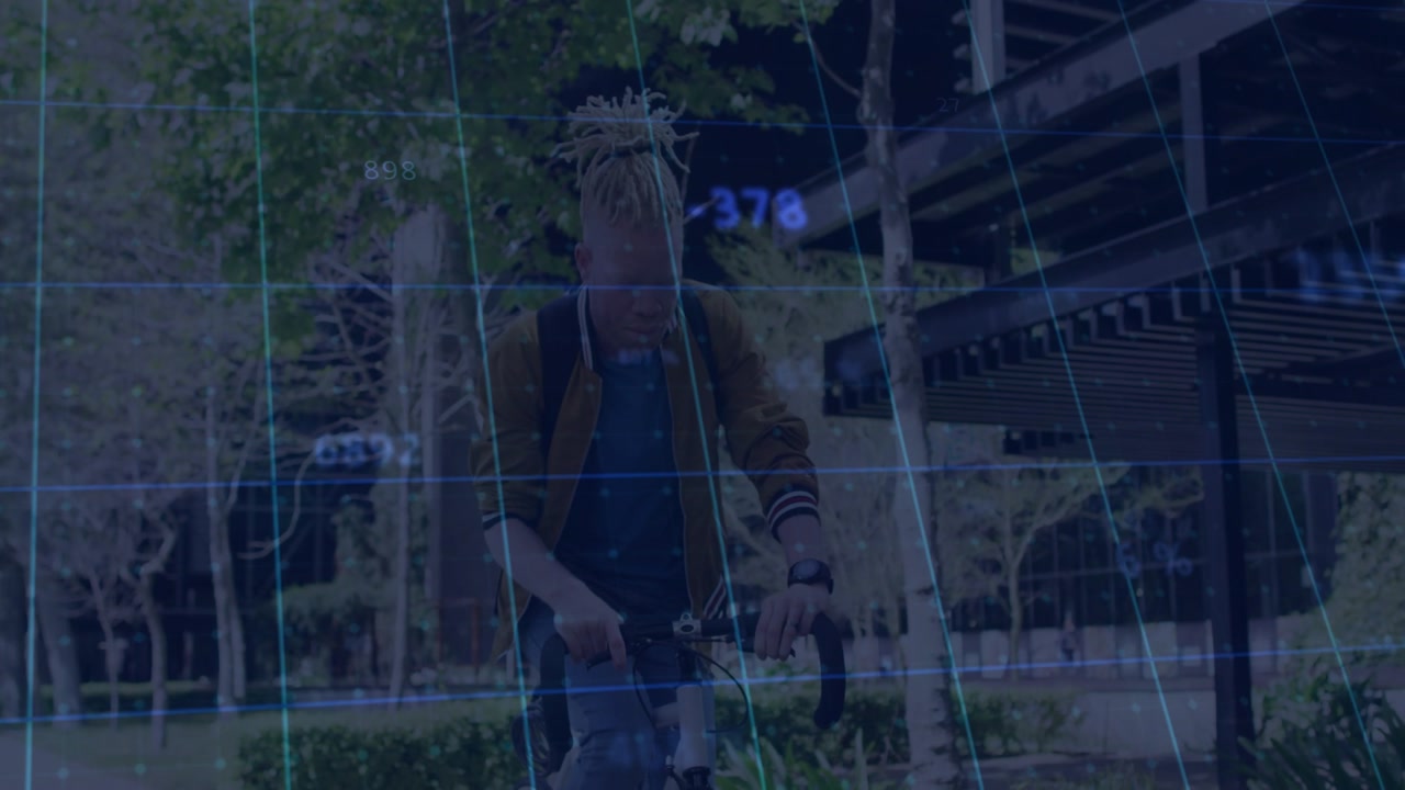 Male cyclist entering frame, commuting in urban plaza, checking wrist while blue tech data layering