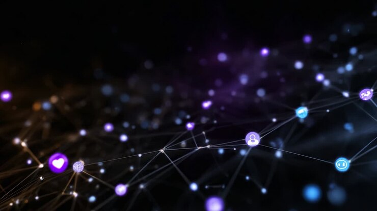 Una representación visual impresionante de la conectividad digital que muestra varios iconos de redes sociales interconectados mediante líneas de red complejas, enfatizando la interacción virtual y las relaciones online