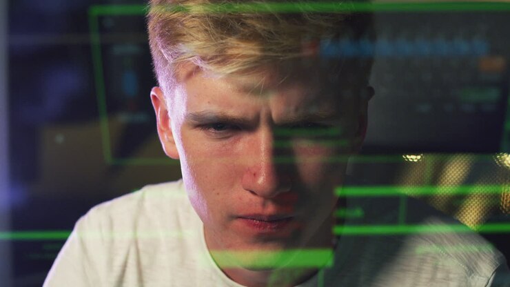 Male Teenage Hacker With Data Reflected From Computer Screen
