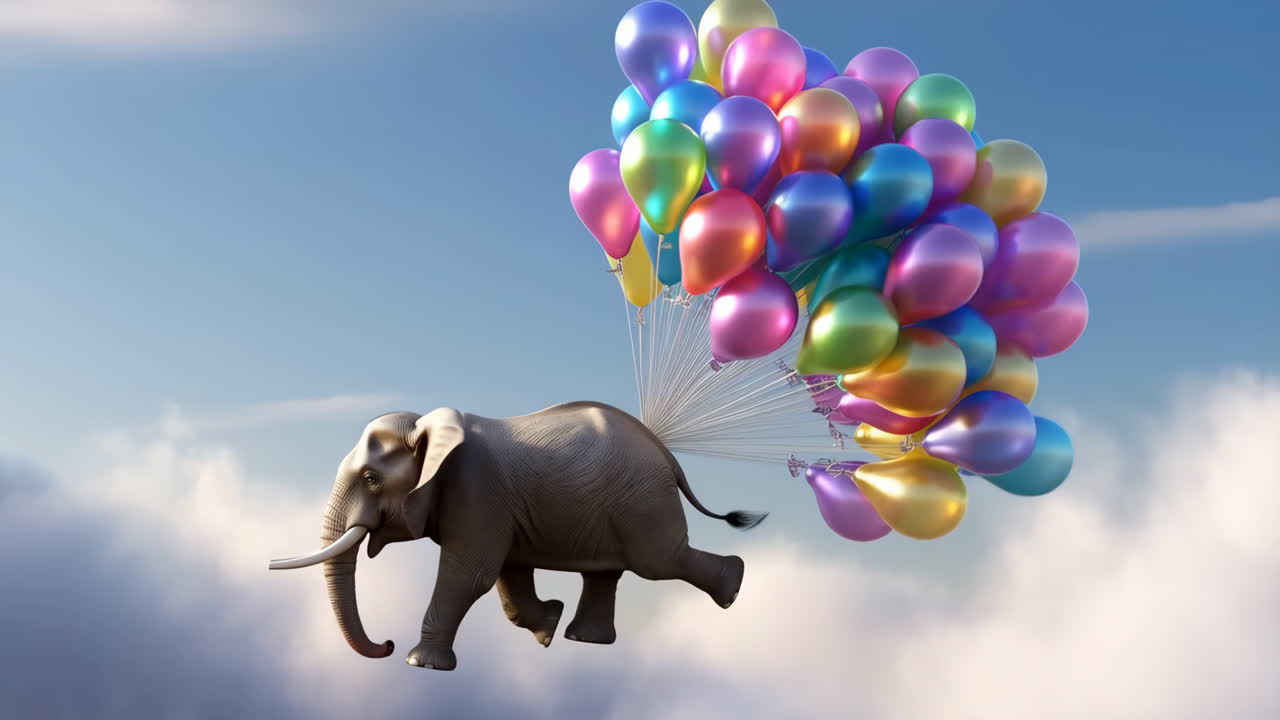 Elephant Flying with Colorful Balloons in the Sky
