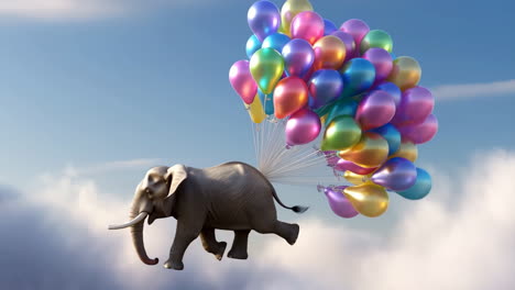 elephant flying with colorful balloons in the sky