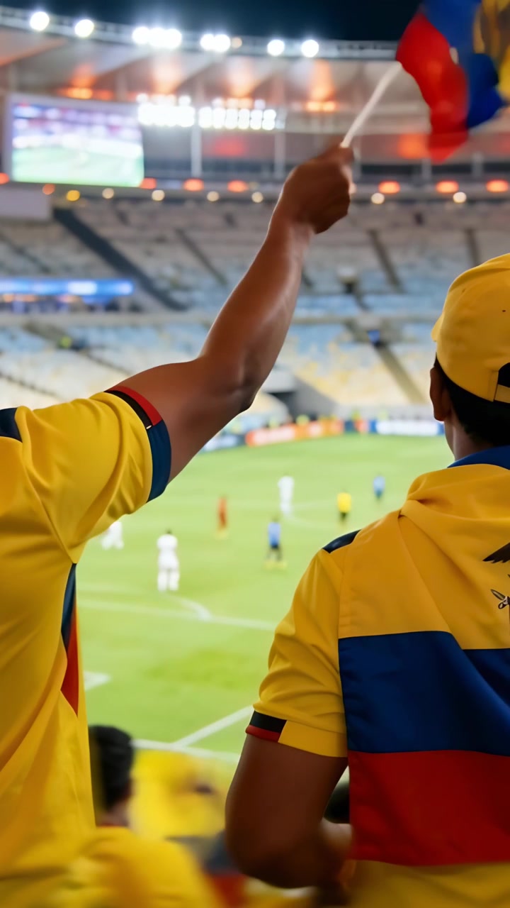Video verticale: Tifosi con magliette gialle che sventolano e reagiscono al gioco alla ringhiera delle tribune, tenendo una bandiera tricolore.