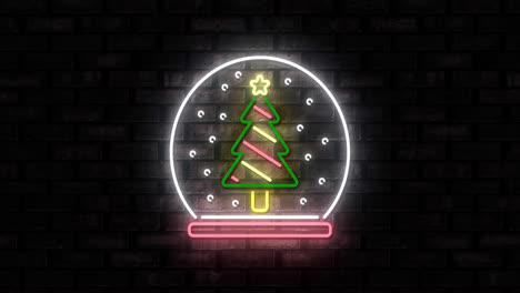 Animation-of-neon-christmas-tree-in-snow-globe-on-black-background