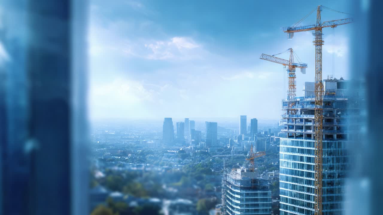 Construcción moderna de rascacielos en un entorno urbano con grúas y un cielo azul nublado, que muestra el desarrollo y el crecimiento de la infraestructura urbana.
