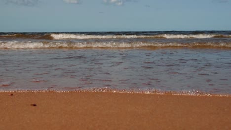 gentle sea waves wash over the sandy shore, creating a peaceful and calming interaction between water and land