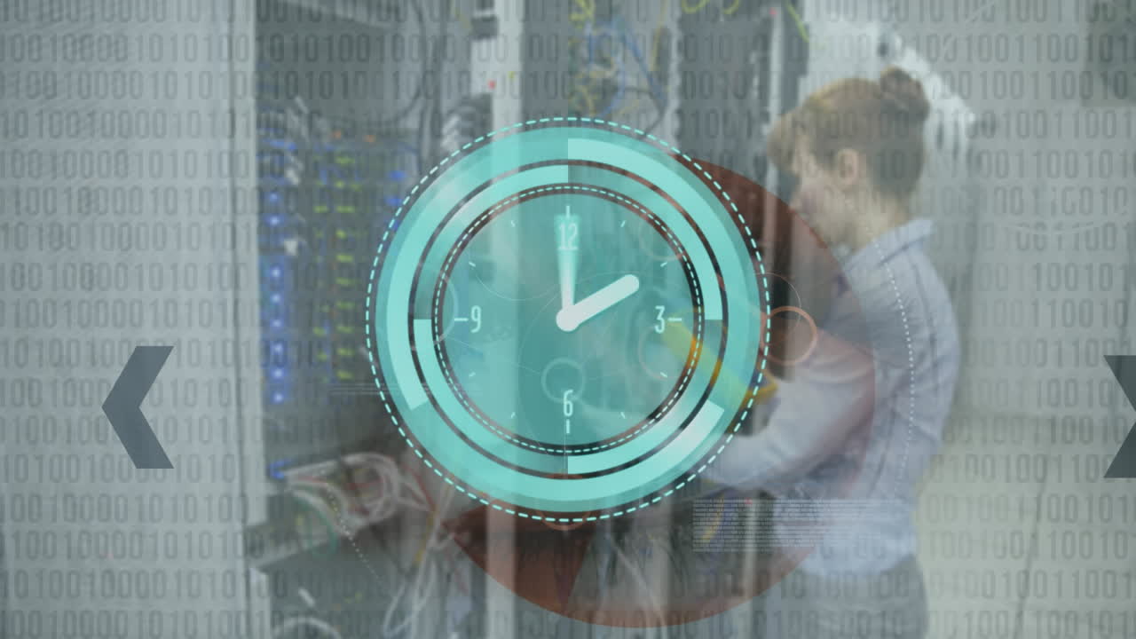 Animation of binary coding and moving clock over caucasian woman in server room