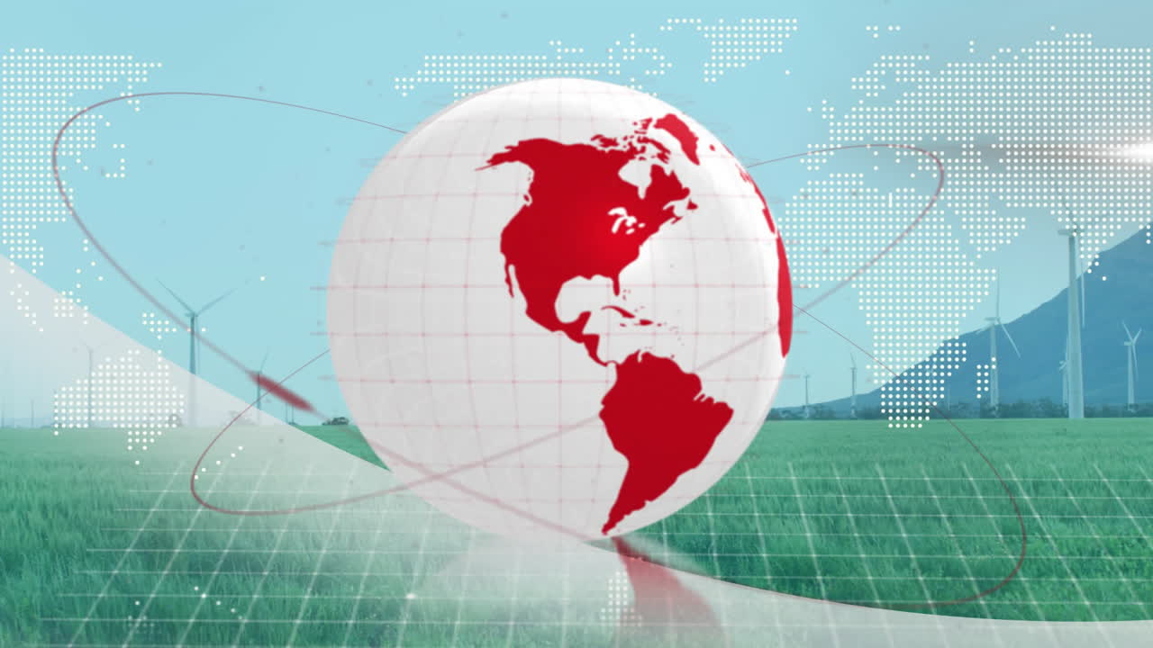 Animation of rotating globe with red continents over wind turbines and digital map