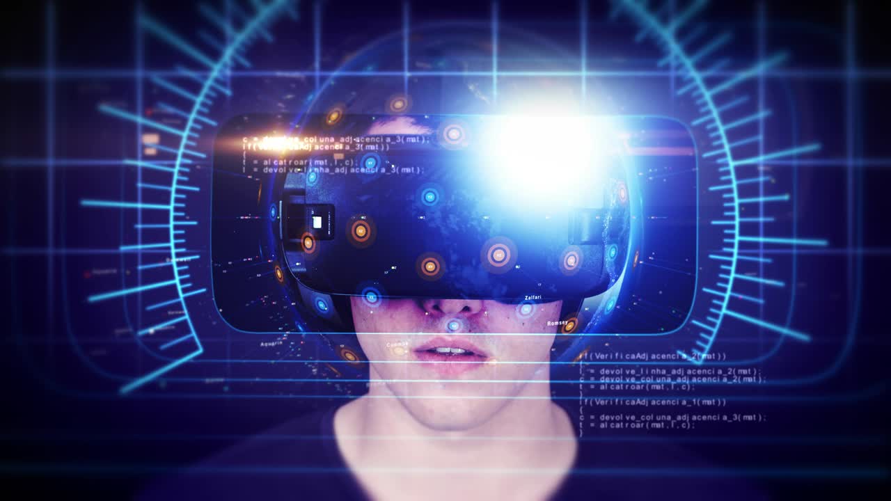 Handsome young man wearing VR headset and experiencing virtual reality. Loop.