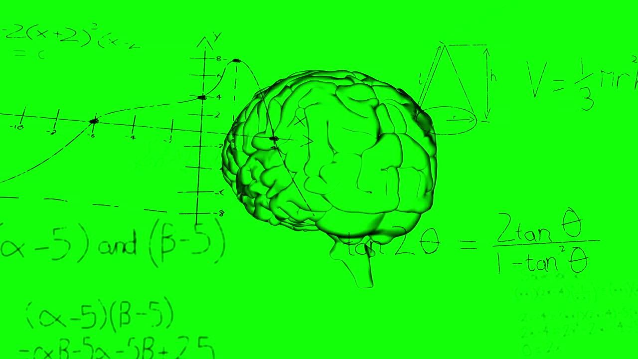 Animation of mathematical equations and diagrams over human brain against green background