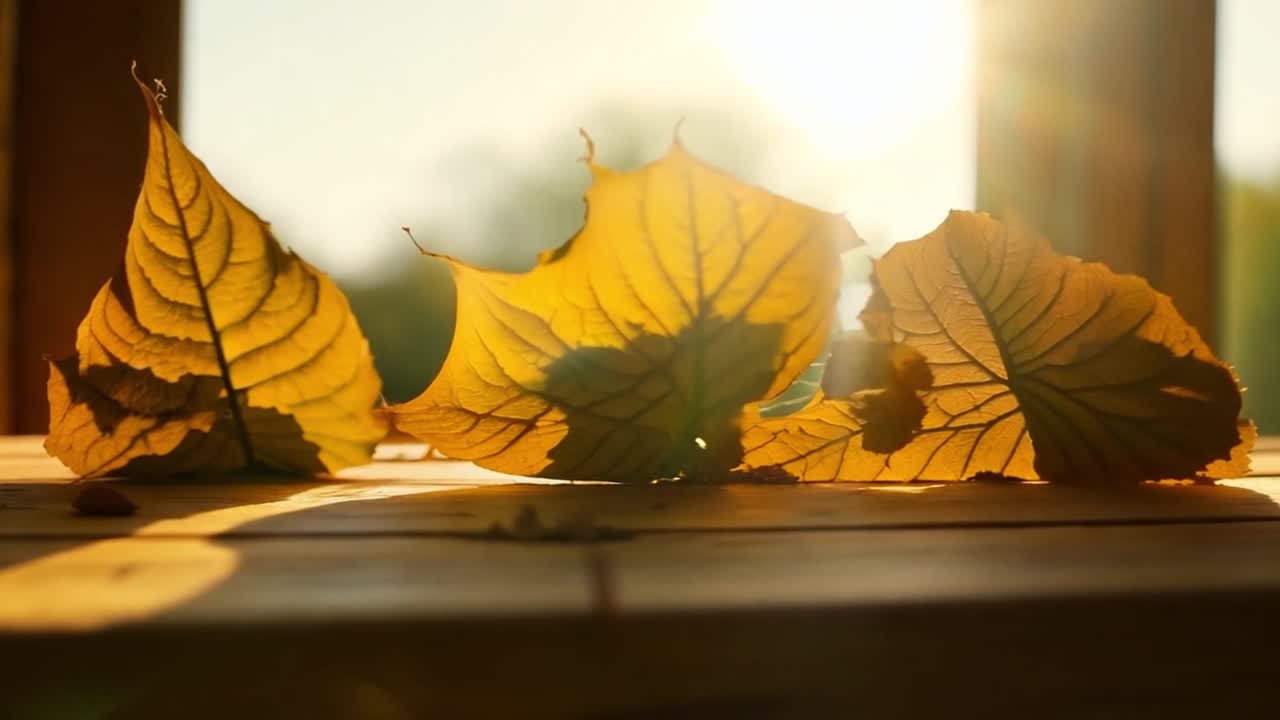 Golden autumn leaves on a wooden surface