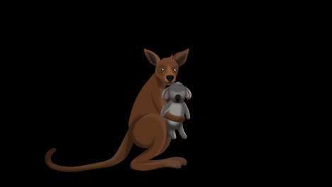 el canguro está llevando un lindo pequeño koala mientras salta para escapar incendios forestales aislados en fondo negro con sección de canal alfa, 2d animación conceptos de bucle para orar por australia.