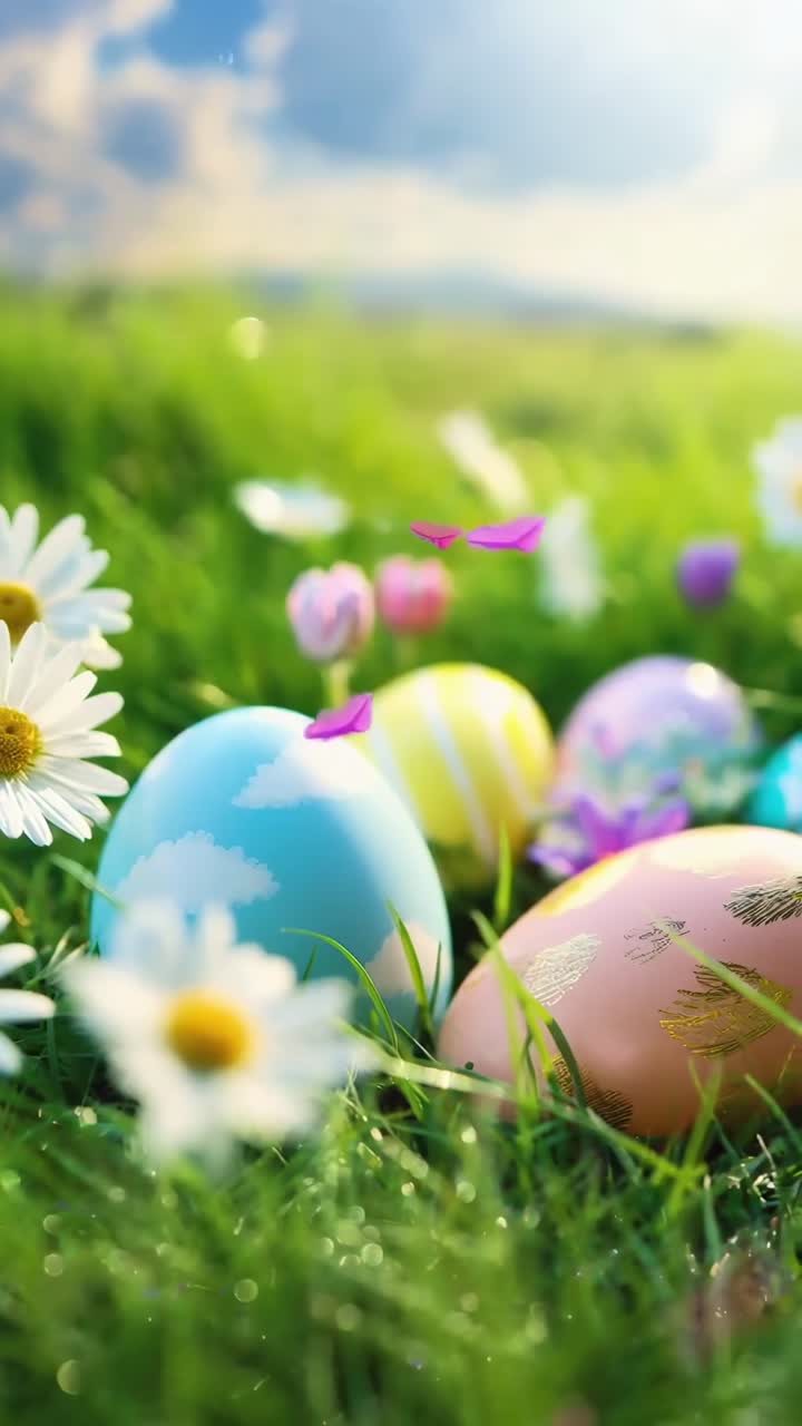 Video con angolazione dal basso di colorate uova di Pasqua nell'erba, circondate da margherite, sotto un cielo soleggiato